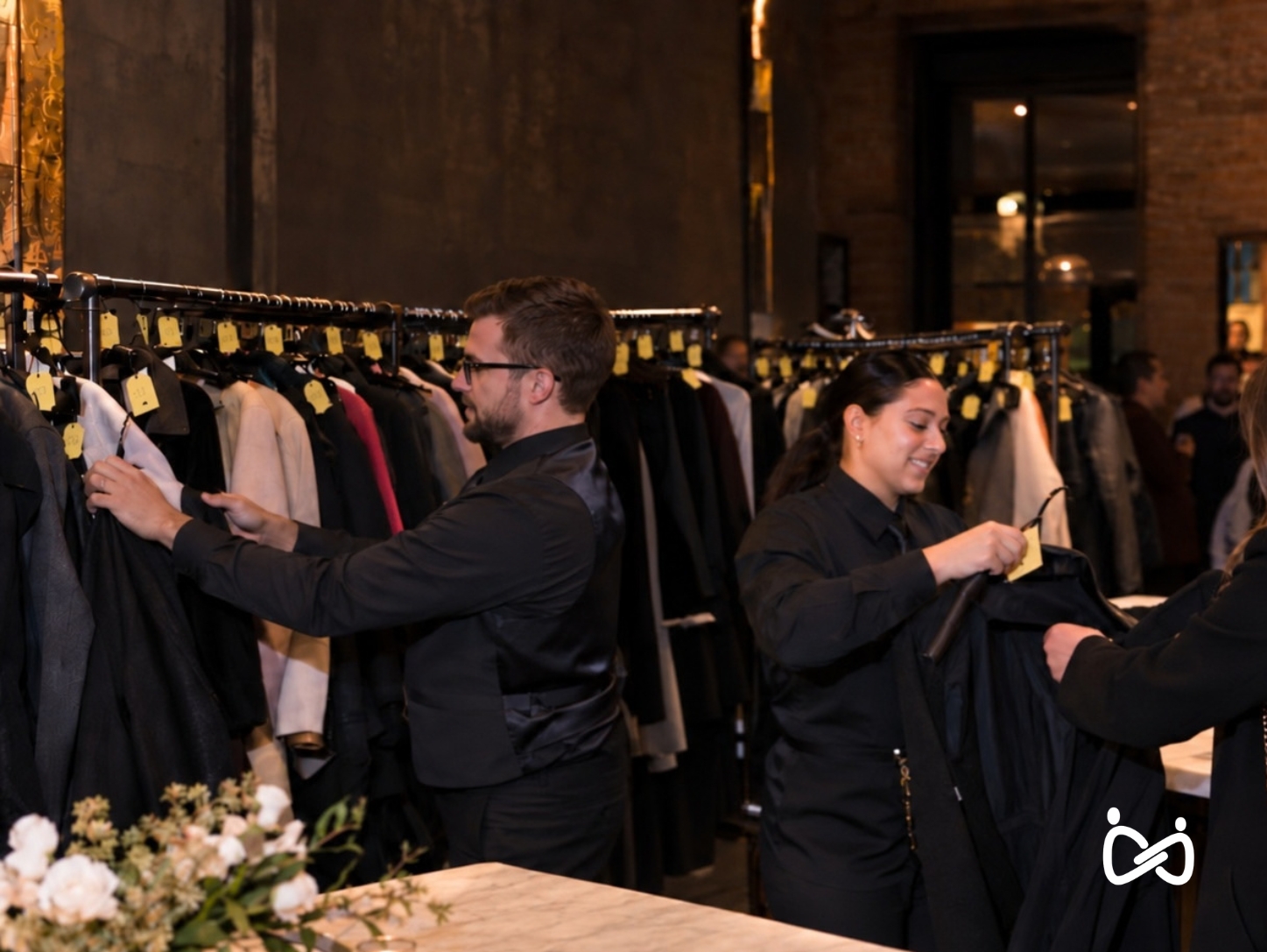 Two ServeSync coat check attendants organizing a coat rack by section while a guest hands off her coat at an NYC event.